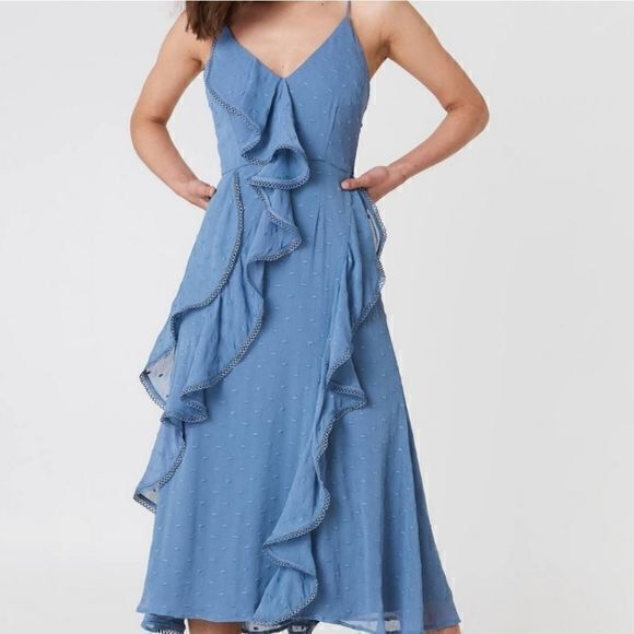 Keepsake Hideaway Blue Hydrangea Ruffled‎ Midi Dress Sz L - Picture 2 of 16